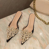 Vipkoala Spring and Autumn Fashion Sexy Women's Shoes Elegant Beaded Crystal Lace Patchwork One Pedal 35-42 Stiletto Slippers New