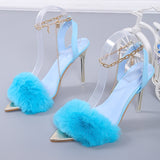 Vipkoala Sexy Women Shoes High Heels Sandals Metal Chain Open Toe Stilettos Ladies Basic Buckle Strap Furry Plush Shoes Woman Fur