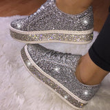 Vipkoala Women Vulcanize Shoes Sneakers Sliver Bling Shoes Girl Flat Glitter Sneakers Casual Female Breathable Lace Up Shoes