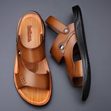 Vipkoala Sandals For Men Outdoor Leather Summer Men Shoes Genuine Leather Non-slip Beach Slip-on Sandals Travel Slippers