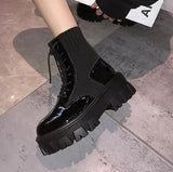 Vipkoala Black Patent Leather  Boots for Women Lace Up Platform Boots Women Winter Keep Warm Non-slip Short Booties for Ladies