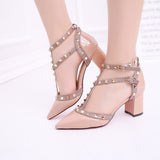 Vipkoala Rivet Pointed Wedding Party Shoes Ladies Buckles T-Strap High Heels Women Sandals Roman Pumps Patent Leather Stud Single