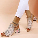 Vipkoala Women Summer Glitter Sandals Rhinestone Sandals Ladies Buckle Strap  Round Toe Bling Med Heel Shoe Sandals for Women