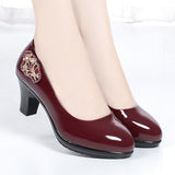 Vipkoala Women Cute European Stylish Round Toe Black Pu Leather Square Heel Pumps Lady Casual Wine Red Comfort Summer Heel Shoes