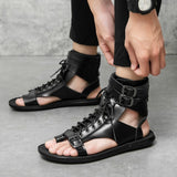 Vipkoala Summer New Men Gladiators Lace Up Buckle Leather Casual Shoes Breathable Beach Sandals Outdoor Slippers Black White Plus Size