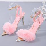 Vipkoala Sexy Women Shoes High Heels Sandals Metal Chain Open Toe Stilettos Ladies Basic Buckle Strap Furry Plush Shoes Woman Fur