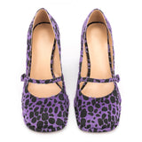 Vipkoala Hot Sale Ladies High Heels Shoes Purple Leopard Print Cover Toe Mary Jane Shoes Square Toe European Mature Women Pumps