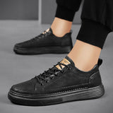 Vipkoala Men Leather Casual Shoes Fashion Leather Flat Shoes Sneakers Pure Black Warm Thick Sole Soft Wear Low Top New zapatillas hombre