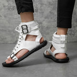 Vipkoala Summer New Men Gladiators Lace Up Buckle Leather Casual Shoes Breathable Beach Sandals Outdoor Slippers Black White Plus Size