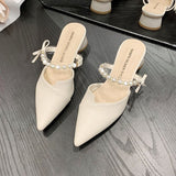 Vipkoala Women Fashion Baotou Half Slippers Female Summer New Outdoor Pearl Pointed Thick Heel High Heel Slippers Chaussure Femme