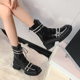 Vipkoala Patent Leather Rhinestone Bordered  Boots Belt Lace Up Round Toe  Ankle Splicing Fashion Winter Female Newest Shoes