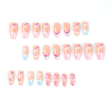 24pcs Pink Rainbow False Nails Long Coffin Love Heart Press on Nails Wearable Full Cover French Acrylic Nail Tips For Girls