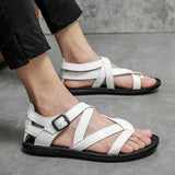 Vipkoala Sandals for Men Black White Color Pu Leather Classics Casual Beach Designer Sandalias Double Buckle Summer Slippers Light Shoes