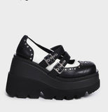 Vipkoala Women Platform Mary Janes Heels Pumps Shoes Round Toe Goth Punk Style Heeled Wedges Cosplay Shoes For Women