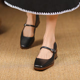 Vipkoala New Genuine Leather Mary Jane shoes Women's Shoes Retro Buckle Shallow Heel Pumps Square Toe Shoes Woman Zapatos De Mujer