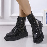 Vipkoala Winter New Shiny Ankle Boots Chelsea Boots Thick-soled Lace-up Gothic Women's Shoes Warm PU Mid-heel Sports Motorcycle