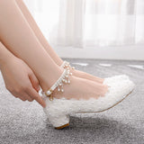 Vipkoala Female Fashion Wedding Shoes Bridesmaid Banquet White Lace Flower Pearl Round Toe Square High Heels Women's Bridal Pumps