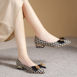 Vipkoala New Thick Heel Shoes Women's Autumn New All-match Pointed Toe Flat Shoes Houndstooth Bow Shallow Mouth Medium Heel