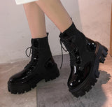 Vipkoala Black Patent Leather  Boots for Women Lace Up Platform Boots Women Winter Keep Warm Non-slip Short Booties for Ladies