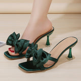 Vipkoala Silk Butterfly-knot Women slippers Mule high heels Slippers Sandals round head toe Strappy Slides Party shoes