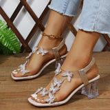 Vipkoala Summer Women Sandals Pvc Crystal Flower Decoration Chunky Heel Peep Toe Back Strap Elastic Band Elegant Fashion Shoes Ladies