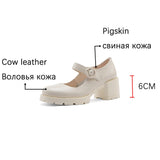 Vipkoala New Cow Leather Mary Jane Women's Shoes LEISURE Buckle Platform Shoes Shallow Pumps Round Toe Shoes Woman Zapatos De Mujer