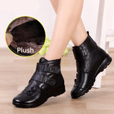 Vipkoala Winter Genuine Split Leather Ladies Ankle Short Boots Soild Flat Flower Round Toe Plush Platform Women Shoes