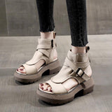 Vipkoala New Summer Shoes Women Sandals Retro Genuine Leather Women Wedges Platform Sandals Peep Toe High Heel Sandals Black