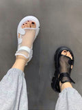 Vipkoala Sandals Women Summer New Fashion Thick-bottomed Breathable Eugene Yarn Mesh Magic Paste Roman Sandals Hook & Loop