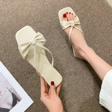 Vipkoala New Summer Slippers Square Toe Slippers Bow Knot Ladies Outdoor Beach Low Heel Solid Color Women's Fashion All-match Basic