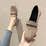 Vipkoala Autumn Winter Women Loafers Low Heels Boat Shoes Square Toe Dress Shoes Chain Faux Suede Plush Warm Ladies Shoes Plus Size