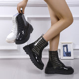 Vipkoala Winter New Shiny Ankle Boots Chelsea Boots Thick-soled Lace-up Gothic Women's Shoes Warm PU Mid-heel Sports Motorcycle