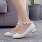 Vipkoala Female Fashion Wedding Shoes Bridesmaid Banquet White Lace Flower Pearl Round Toe Square High Heels Women's Bridal Pumps