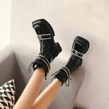 Vipkoala Patent Leather Rhinestone Bordered  Boots Belt Lace Up Round Toe  Ankle Splicing Fashion Winter Female Newest Shoes