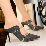 Vipkoala Golden High Heels Slippers Double Word Belt Outdoor Women's Sequined Cloth Pointed Shallow Thin Temperament Pumps Fashion Luxury