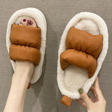 Vipkoala Women Faux Fur Pillow Slippers Lovers Winter Home Floor Shoes Open Toe Female Male Indoor Platform Slipper Ladies Fashion Slides