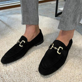 Vipkoala Men Loafers Solid Color Faux Suede Square Toe Low Heel Metal Buckle Fashion Business Casual Wedding Daily Dress Shoes