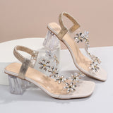 Vipkoala Summer Women Sandals Pvc Crystal Flower Decoration Chunky Heel Peep Toe Back Strap Elastic Band Elegant Fashion Shoes Ladies