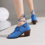 Vipkoala Rome Women Peep Toe Lace Up Shoes Square Heel Chunky Gladiator High Heels Cross Straps Blue Khaki Pump Spring Autumn Shoes 41 42