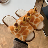 Vipkoala Shoes for Women Winter New Indoor Warm Cotton Shoes for Students At Home Cartoon Giraffe Plush One-word Slippers Chinelos Planos