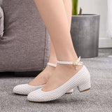 Vipkoala Female Fashion Wedding Shoes Bridesmaid Banquet White Lace Flower Pearl Round Toe Square High Heels Women's Bridal Pumps