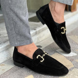 Vipkoala Men Loafers Solid Color Faux Suede Square Toe Low Heel Metal Buckle Fashion Business Casual Wedding Daily Dress Shoes