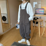 Vipkoala Suspenders Jumpsuit Pants Men Summer Overalls Japanese Loose Straps Casual Pockets Unisex Oversize Streetwear Solid Man Clothing