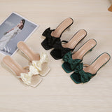 Vipkoala Silk Butterfly-knot Women slippers Mule high heels Slippers Sandals round head toe Strappy Slides Party shoes