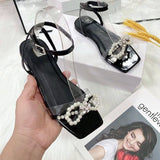 Vipkoala Summer Women's Sandals with Bow Pearl Flat Heels Elegant Rhinestone Party Ladies Shoes Plus Size 42 Sandalias Mujer