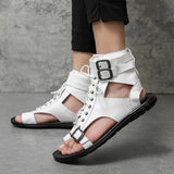 Vipkoala Summer New Men Gladiators Lace Up Buckle Leather Casual Shoes Breathable Beach Sandals Outdoor Slippers Black White Plus Size