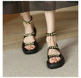 Vipkoala Summer New Platform Sandals Female Square Toe Rivet Back Zipper T-Strap Retro British Roman Sandals for Women Lolita Shoes Flats