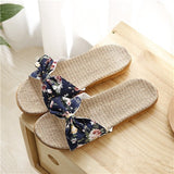 Vipkoala Women Flax Slippers Summer Casual Slides Beach Shoes Ladies Indoor Linen Slippers Bohemia Floral Bow Flip Flops Sandals