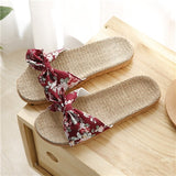 Vipkoala Women Flax Slippers Summer Casual Slides Beach Shoes Ladies Indoor Linen Slippers Bohemia Floral Bow Flip Flops Sandals