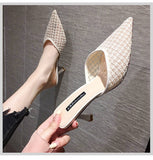 Vipkoala Mesh Slippers Women New Summer Shoes Women Fashion Knitted Elastic Pointed Slides Spike Heels Beige Mules Shoes High Heels